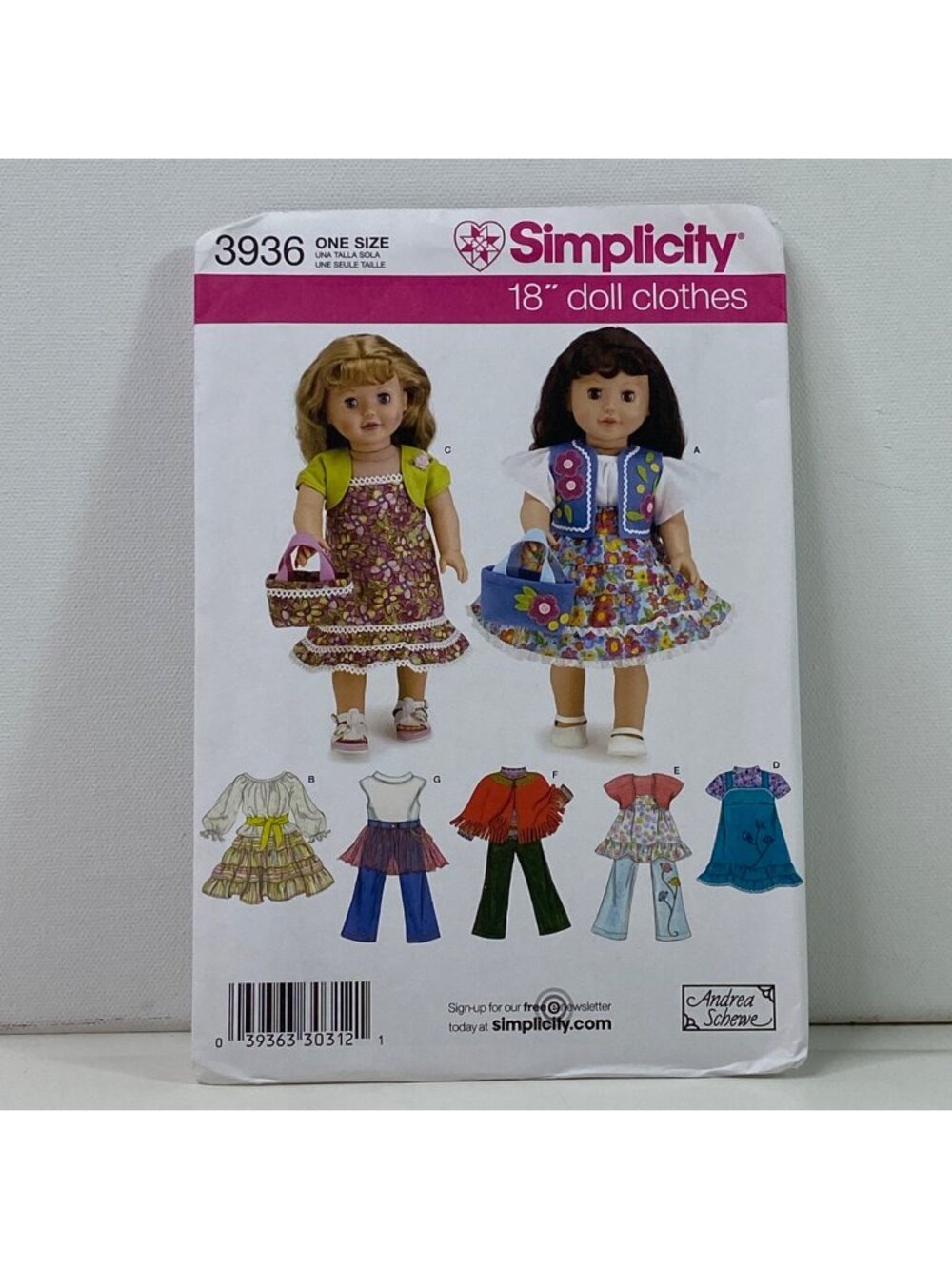 Simplicity 3936 18 Inch Doll Clothes Pattern Uncut American Girl Tops Skirt Cape